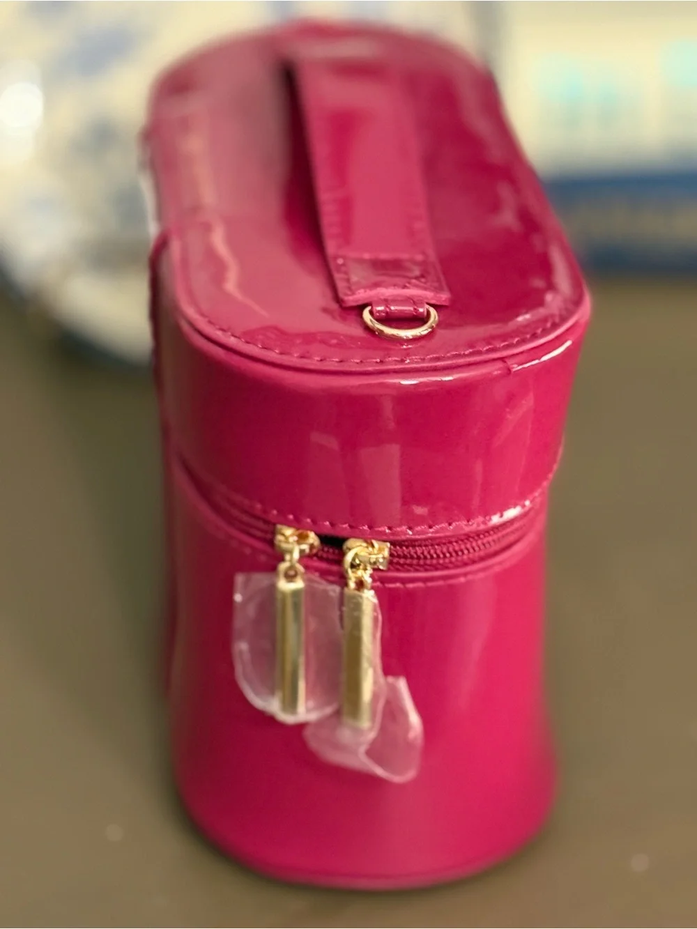Emporio Armani Beauty Hot Pink Patent Vanity Cosmetic Makeup Bag Gold Logo NWT